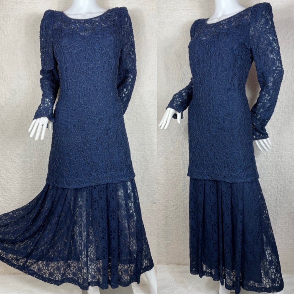 🔥Vintage Marie St Claire Lace Pearl Bead Pleated Navy Formal Dress Dark Romantic